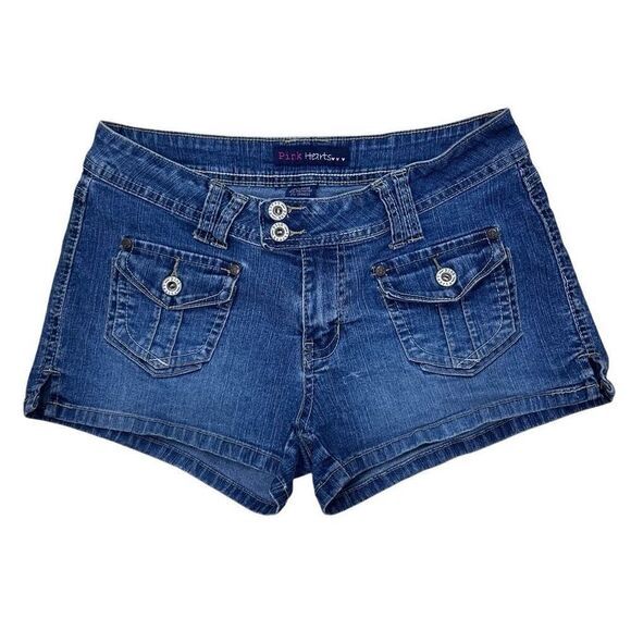 Three Pink Hearts Jean Short Womens Sz 11 Blue Double Button Ramie Blend Stretch - Picture 1 of 13